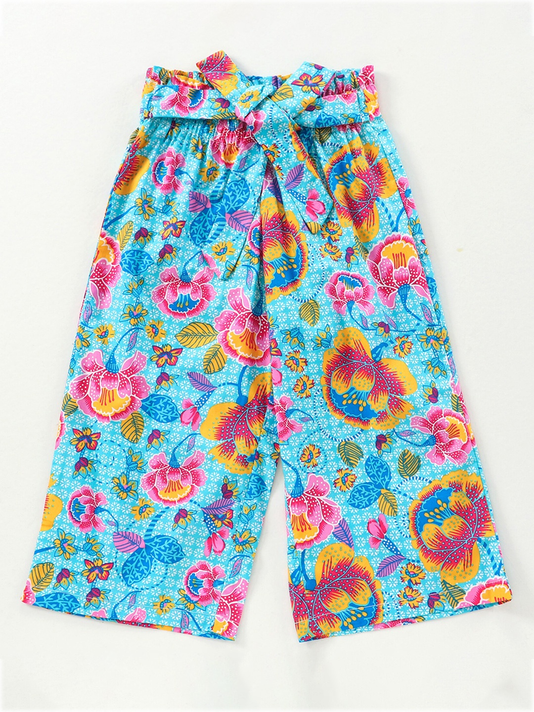 

CrayonFlakes Girls Sea Green & Pink Floral Printed Cotton Palazzos