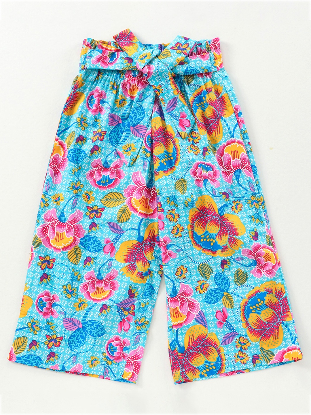 

CrayonFlakes Girls Turquoise Blue & Yellow Floral Printed Cotton Palazzos