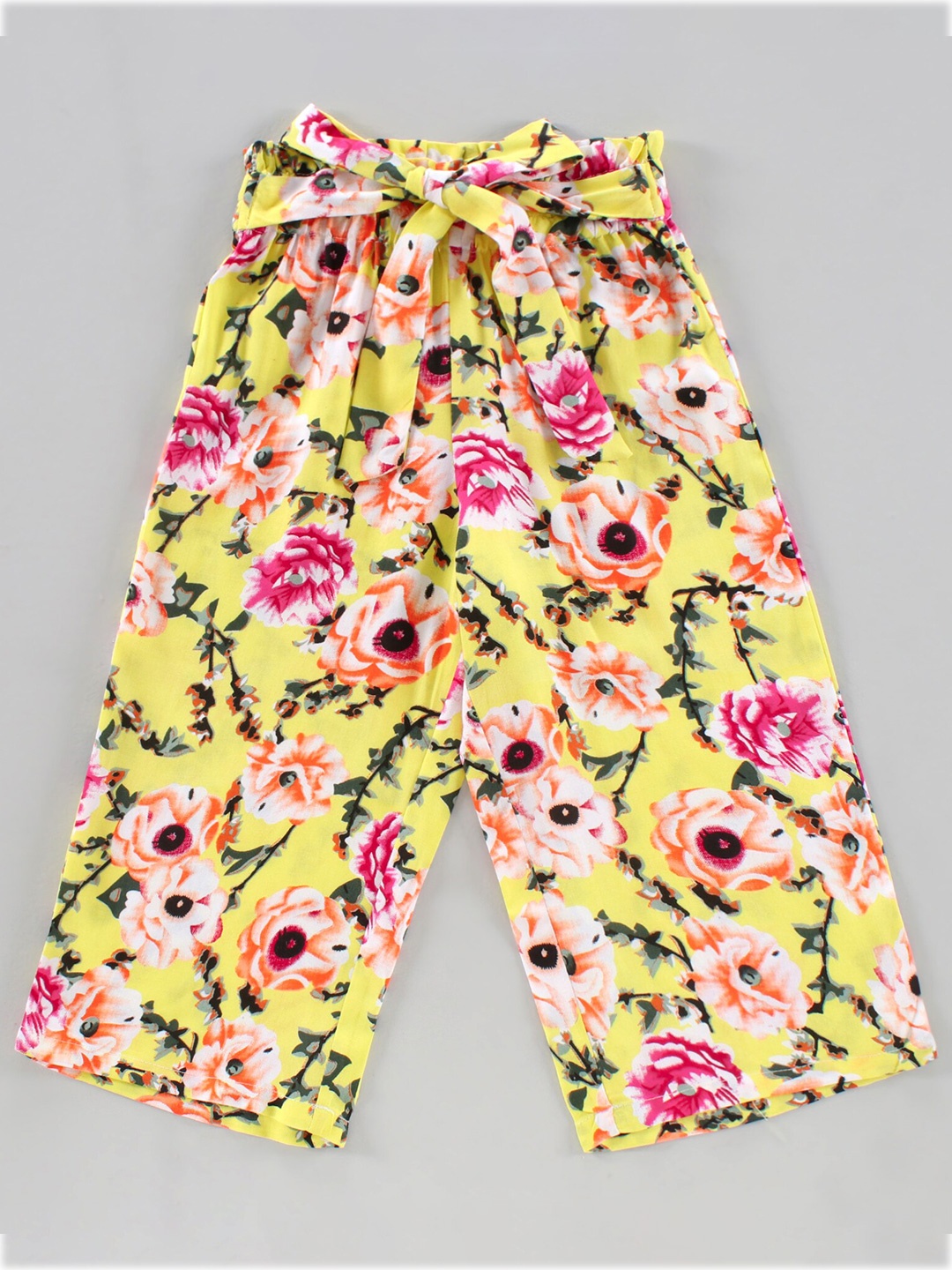 

CrayonFlakes Girls Yellow & Pink Floral Printed Cotton Palazzos