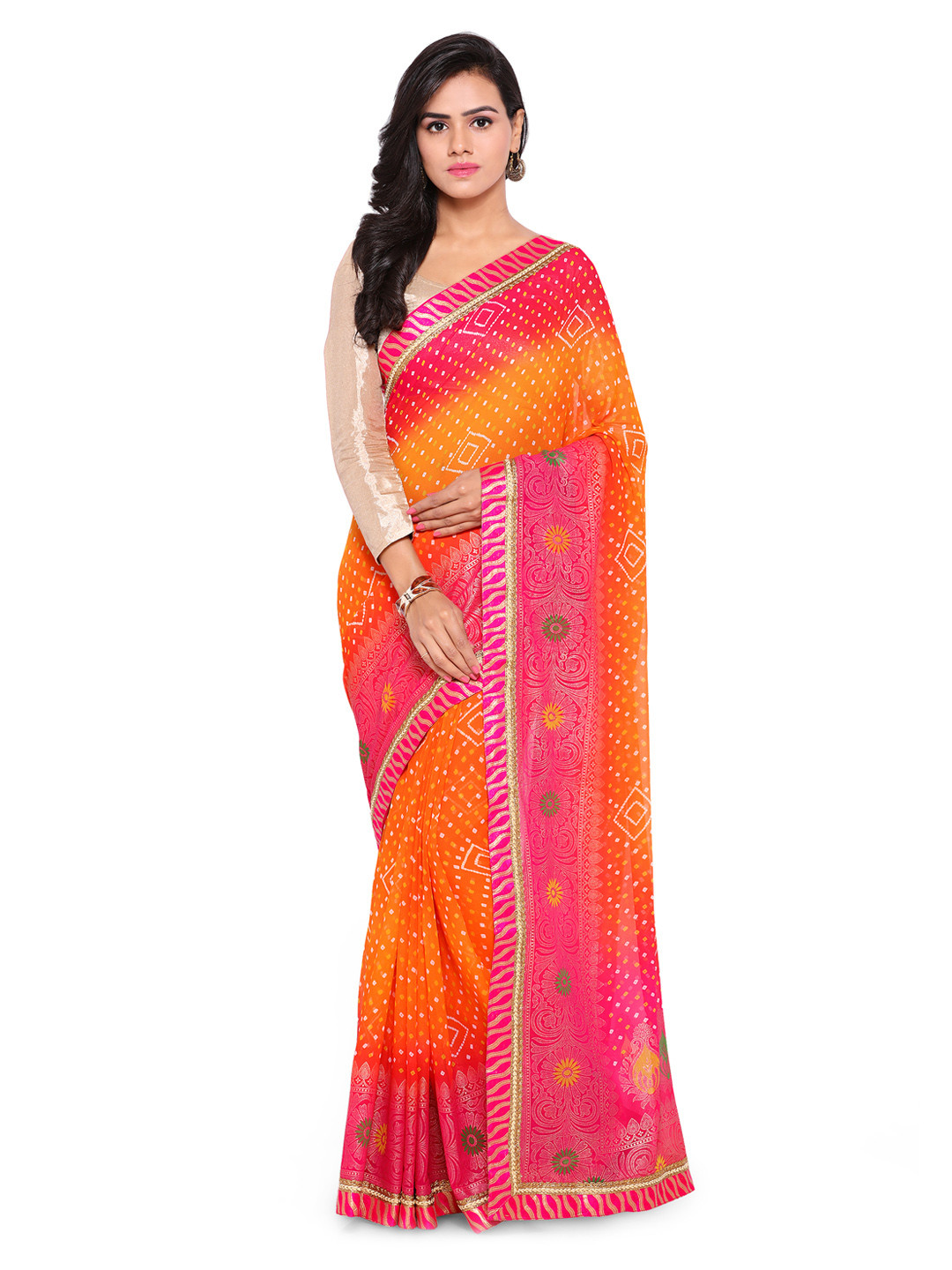 

Kalista Orange & Pink Poly Georgette Printed Bandhani Saree