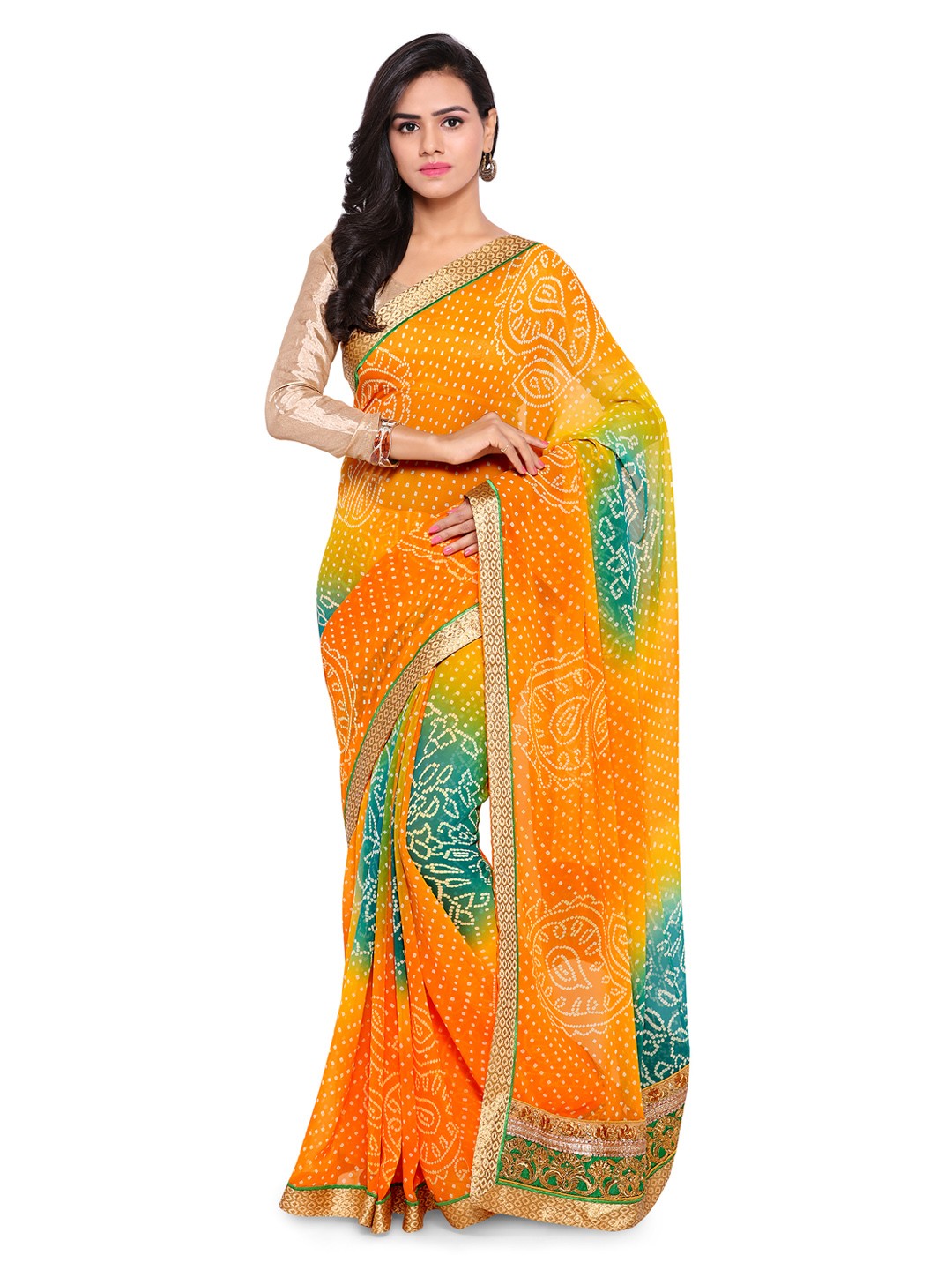 

Kalista Yellow Bandhani Print Poly Georgette Saree