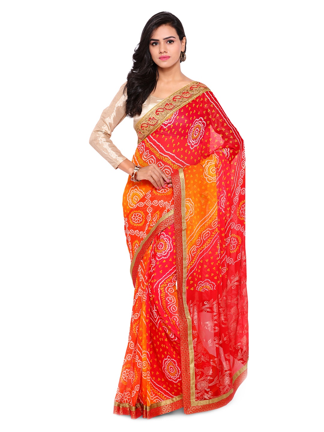 

Kalista Red Bandhani Print Poly Georgette Saree