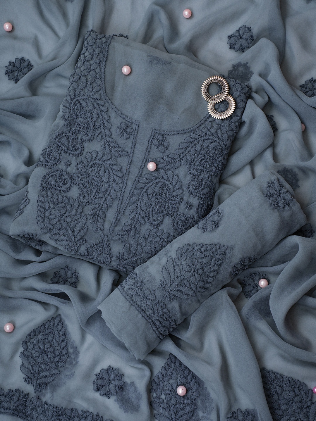 

ADA Grey Embroidered Georgette Unstitched Dress Material