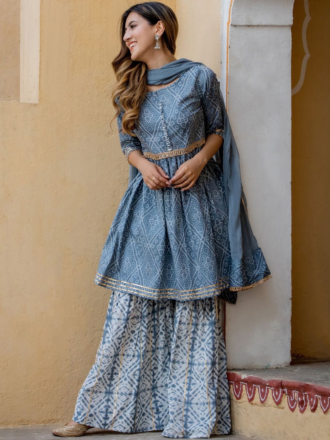 

HOUSE OF JAMOTI Women Grey Bandhani Printed Kurta with Sharara & With Dupatta