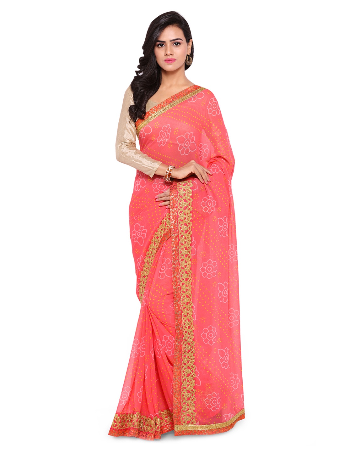 

Kalista Peach-Coloured Printed Poly Georgette Bandhani Saree