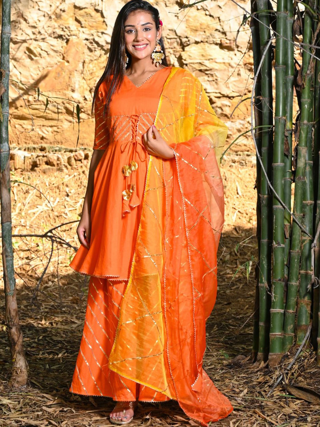 

HOUSE OF JAMOTI Women Orange Empire Gotta Patti Kurta with Sharara & With Dupatta