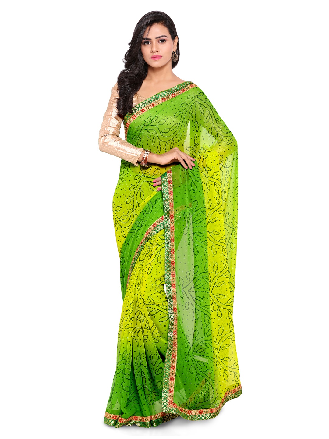 

Kalista Green Poly Georgette Printed Bandhani Saree