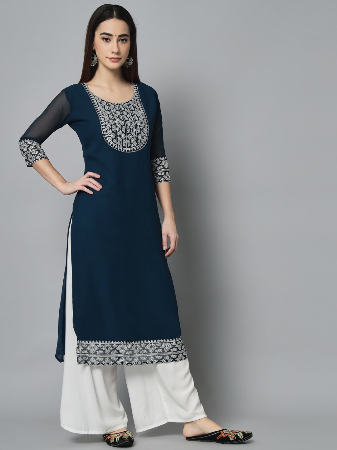 

VAIRAGEE Ethnic Motifs Yoke Design Georgette Kurta, Teal