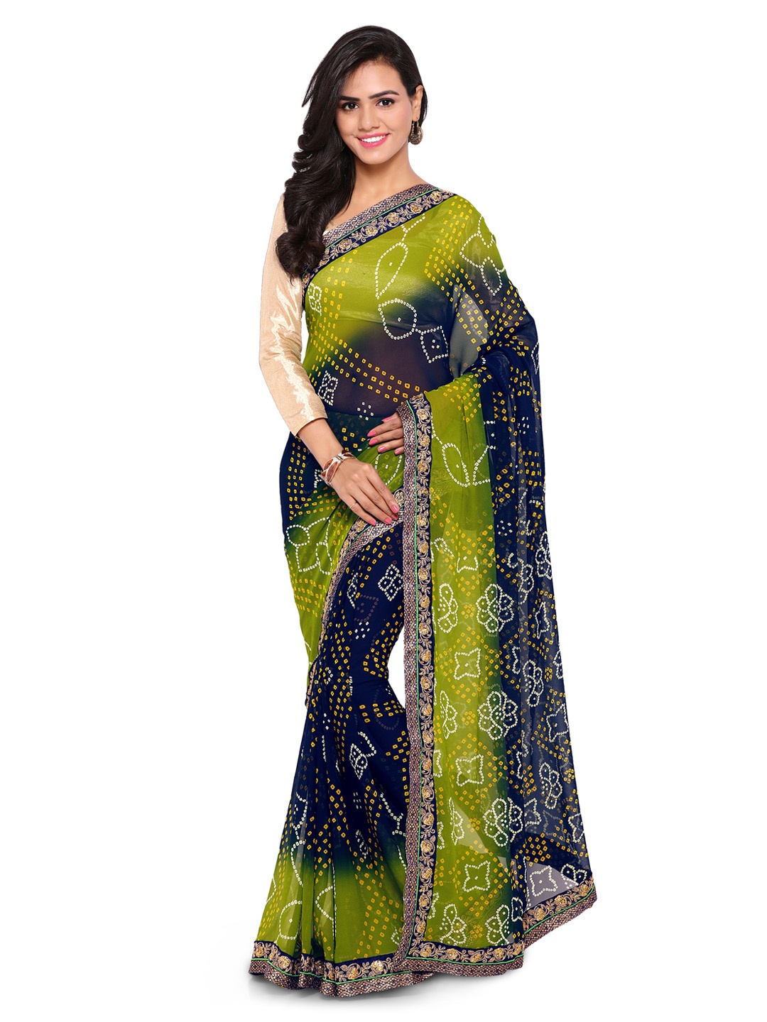 

Kalista Navy Blue & Green Poly Georgette Printed Bandhani Saree