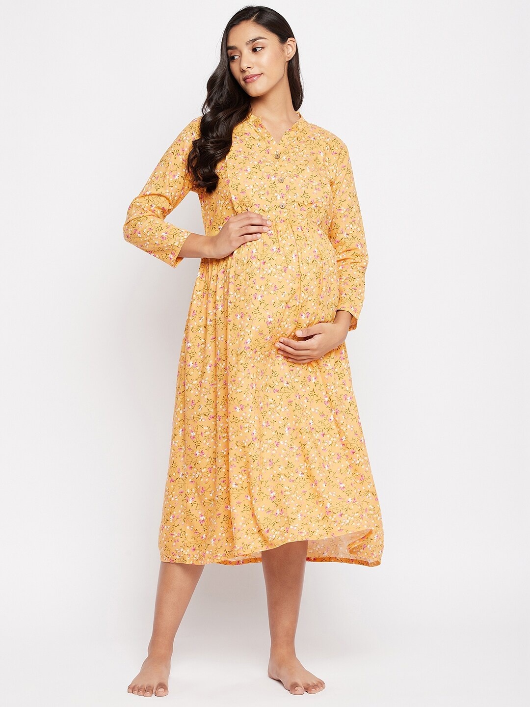 

Hypernation Women Yellow Floral Maternity A-Line Midi Dress