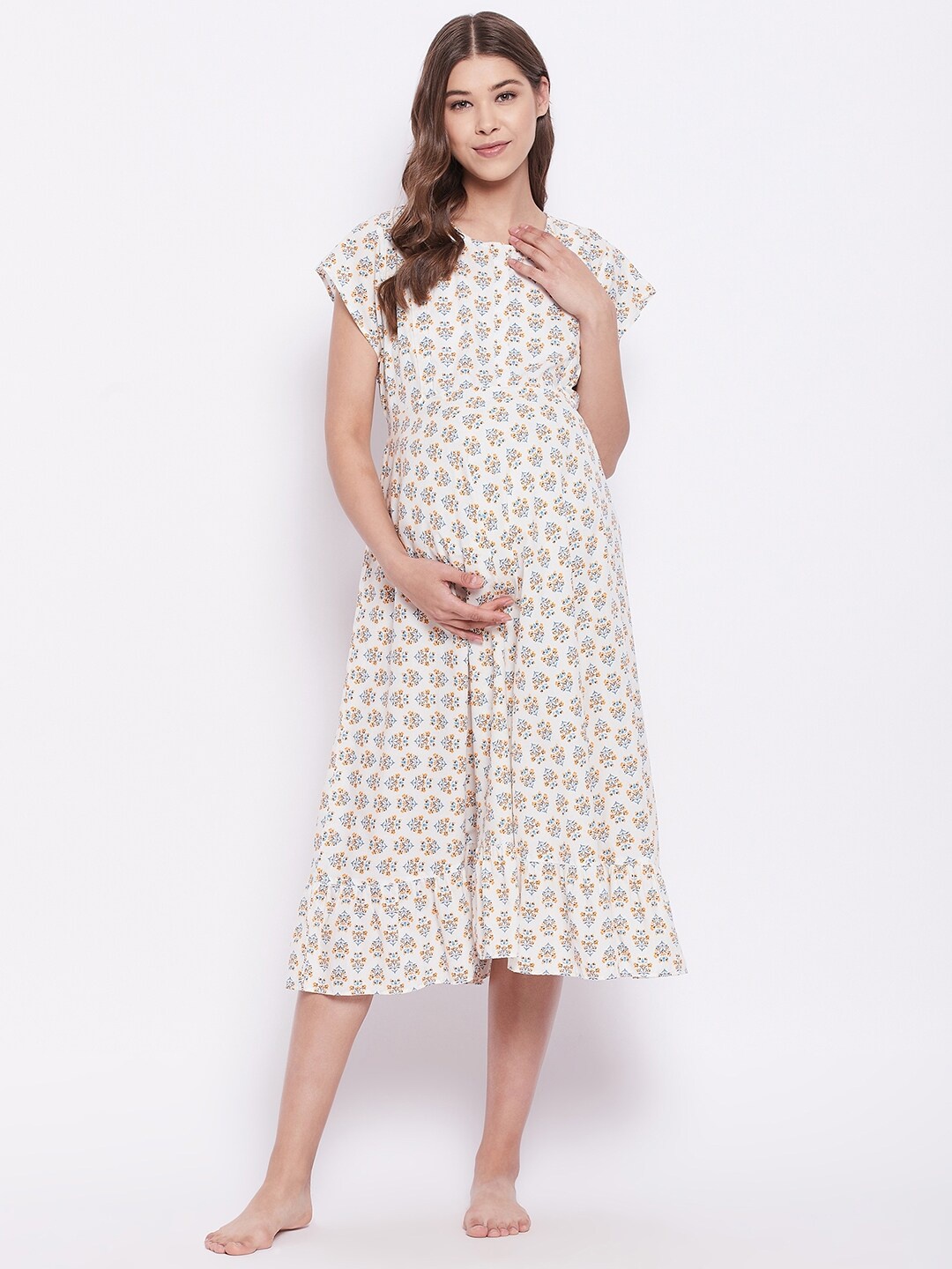

Hypernation Women Off White Floral Maternity A-Line Midi Dress