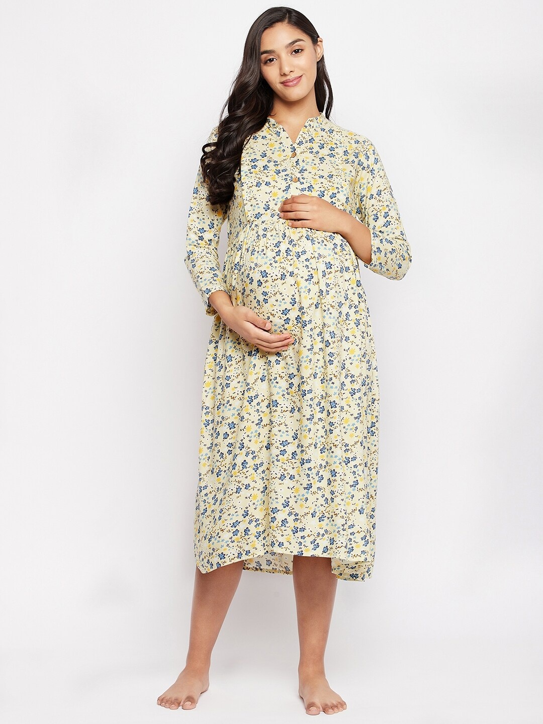 

Hypernation Women Yellow Floral Maternity A-Line Midi Dress