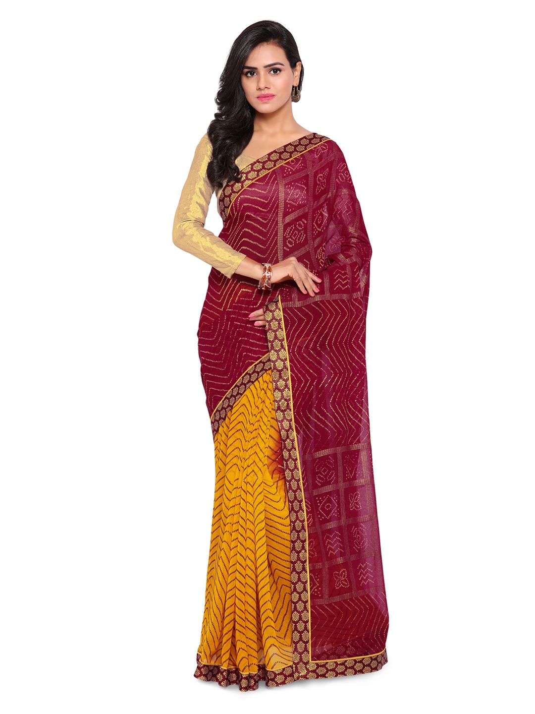 

Kalista Maroon & Yellow Poly Georgette Printed Bandhani Saree