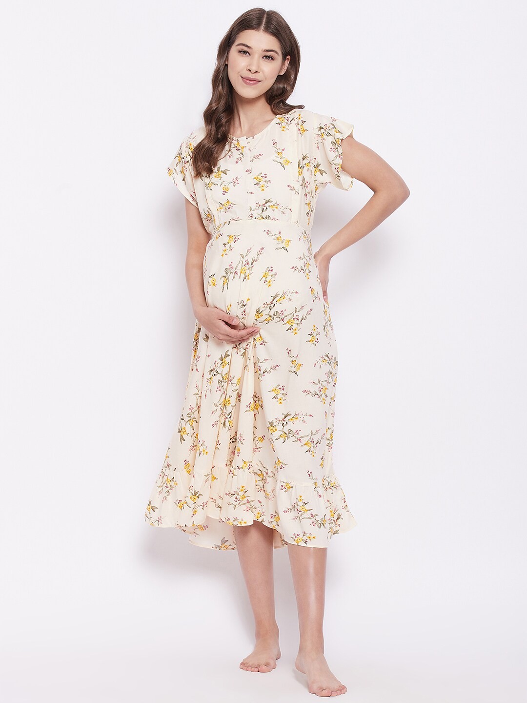 

Hypernation Women Beige Floral Maternity A-Line Midi Dress