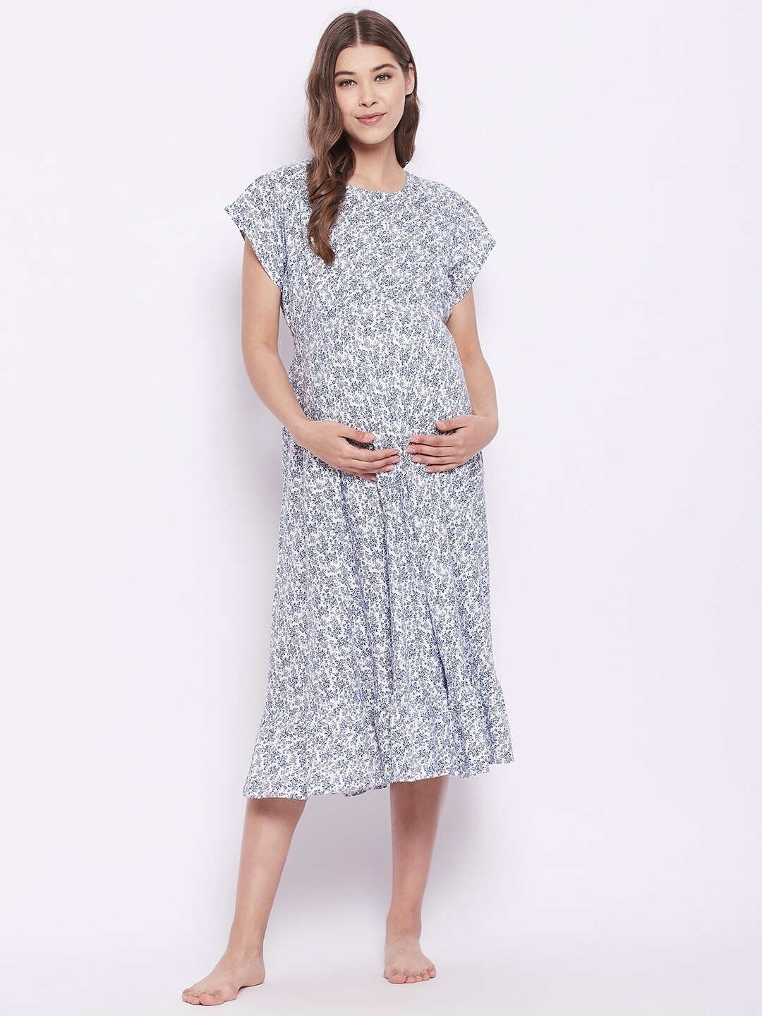 

Hypernation Women White Floral Maternity A-Line Midi Dress