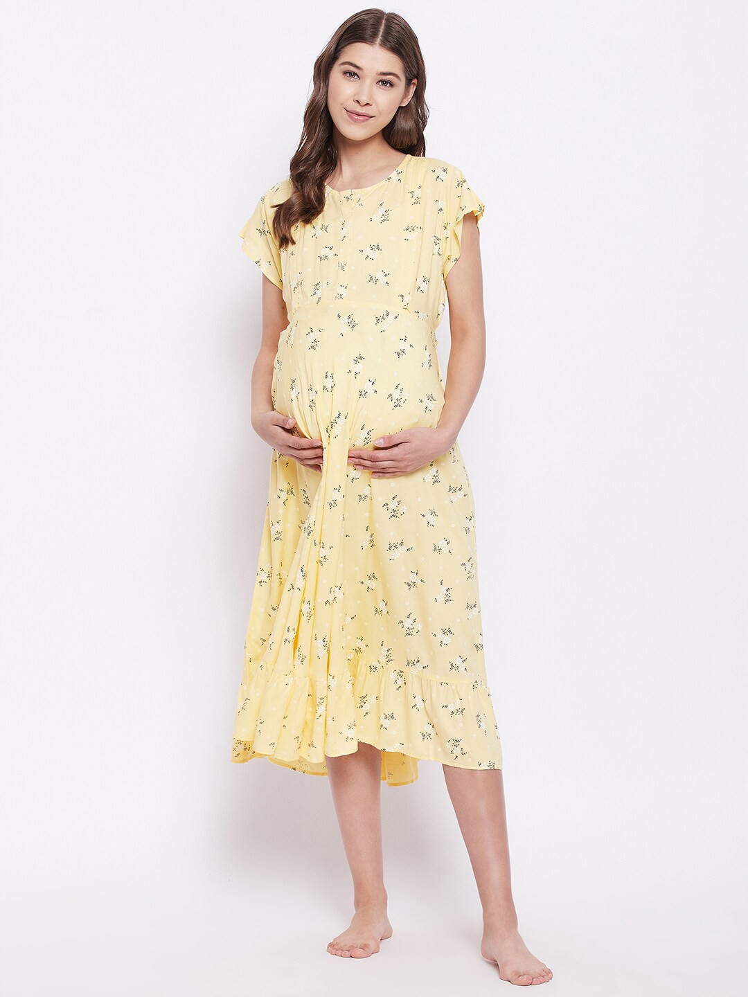

Hypernation Women Yellow Floral Maternity A-Line Midi Dress