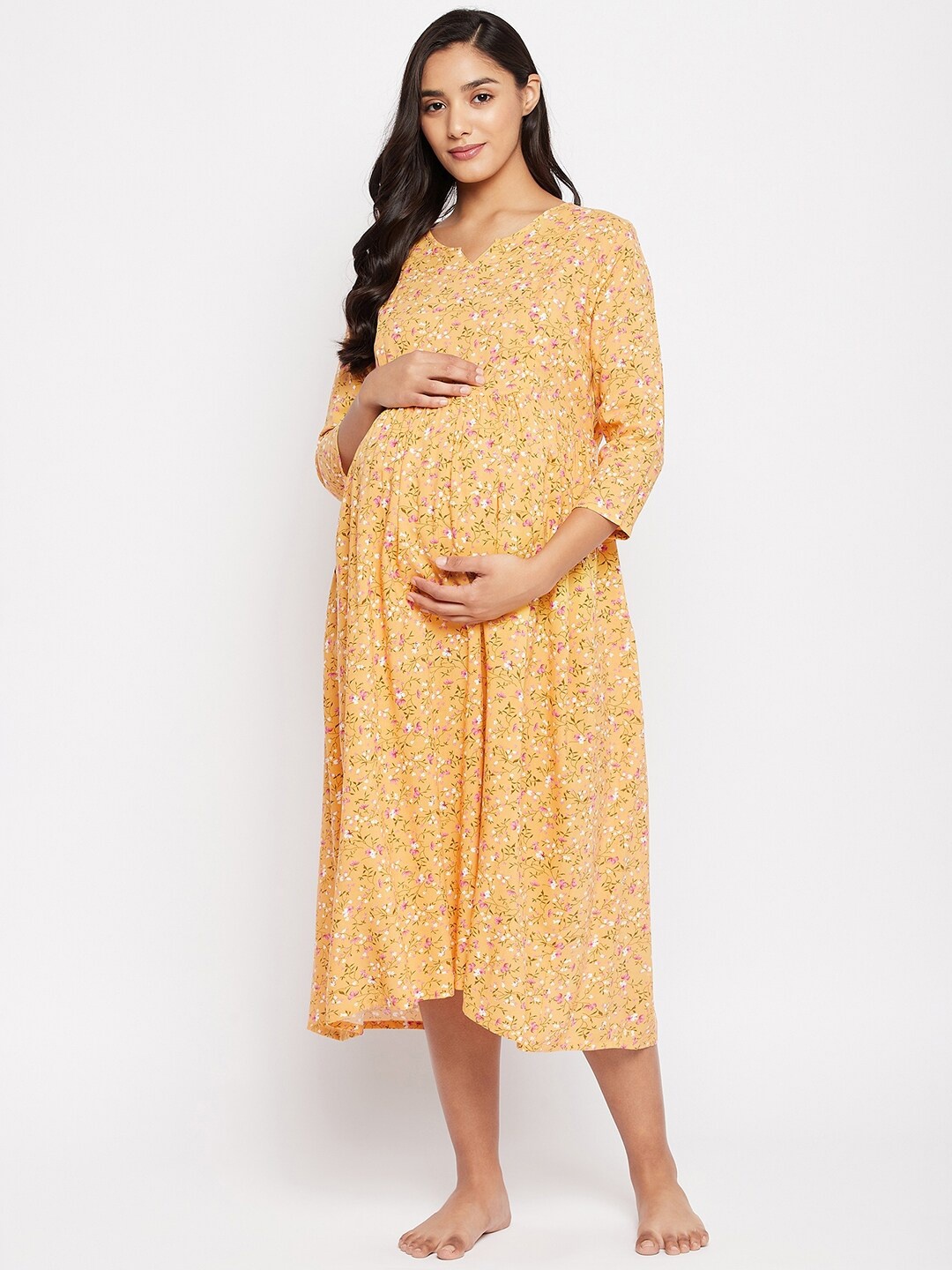 

Hypernation Women Yellow Floral Maternity A-Line Midi Dress