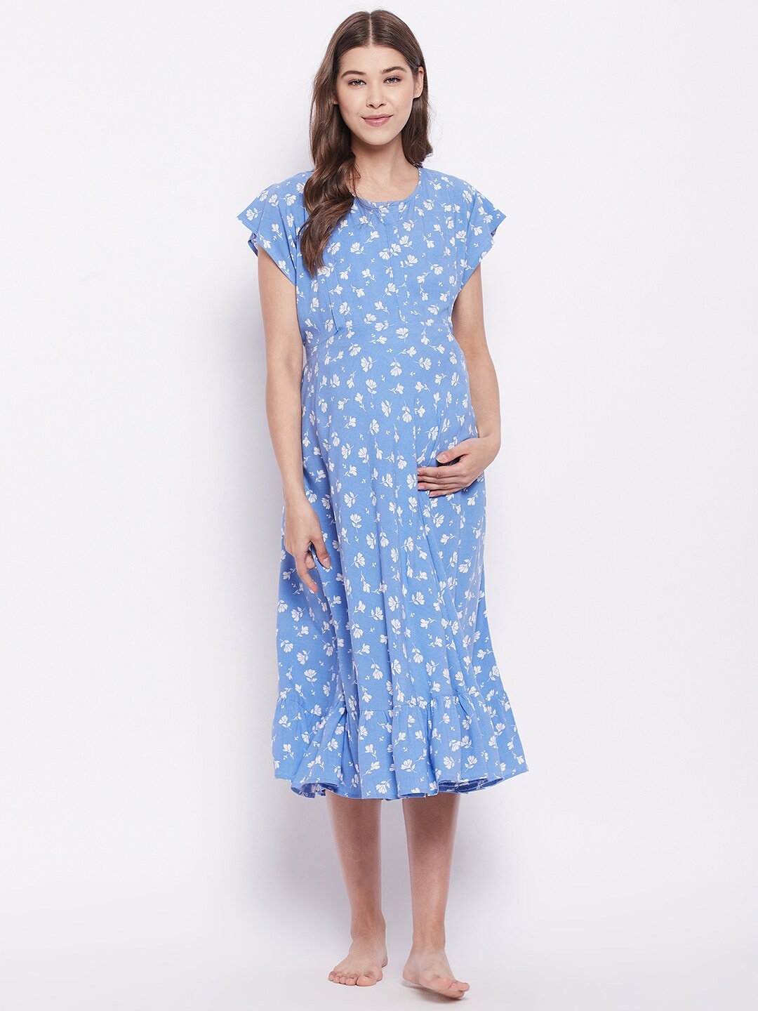 

Hypernation Women Blue Floral Maternity A-Line Midi Dress