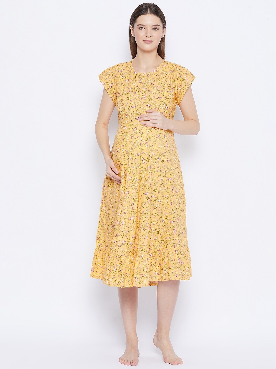 

Hypernation Women Yellow & Red Floral Maternity A-Line Midi Dress