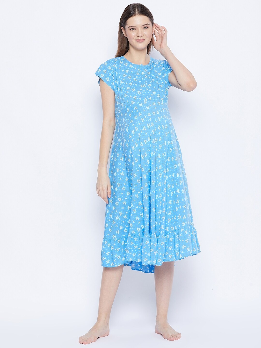 

Hypernation Women Blue & White Floral Maternity A-Line Midi Dress