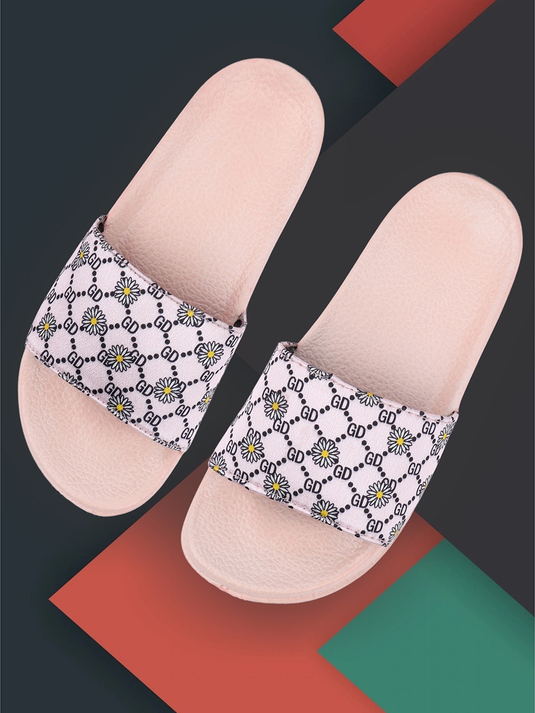 

FREECO Women Pink & Black Printed Sliders