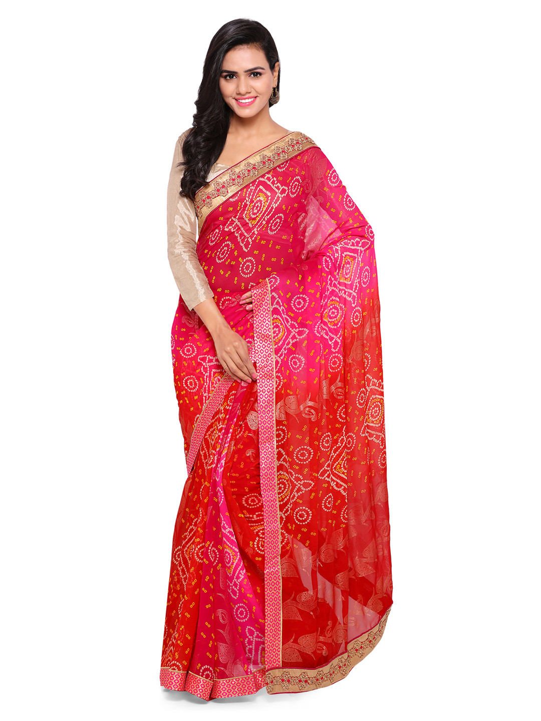

Kalista Pink Printed Poly Georgette Bandhani Saree