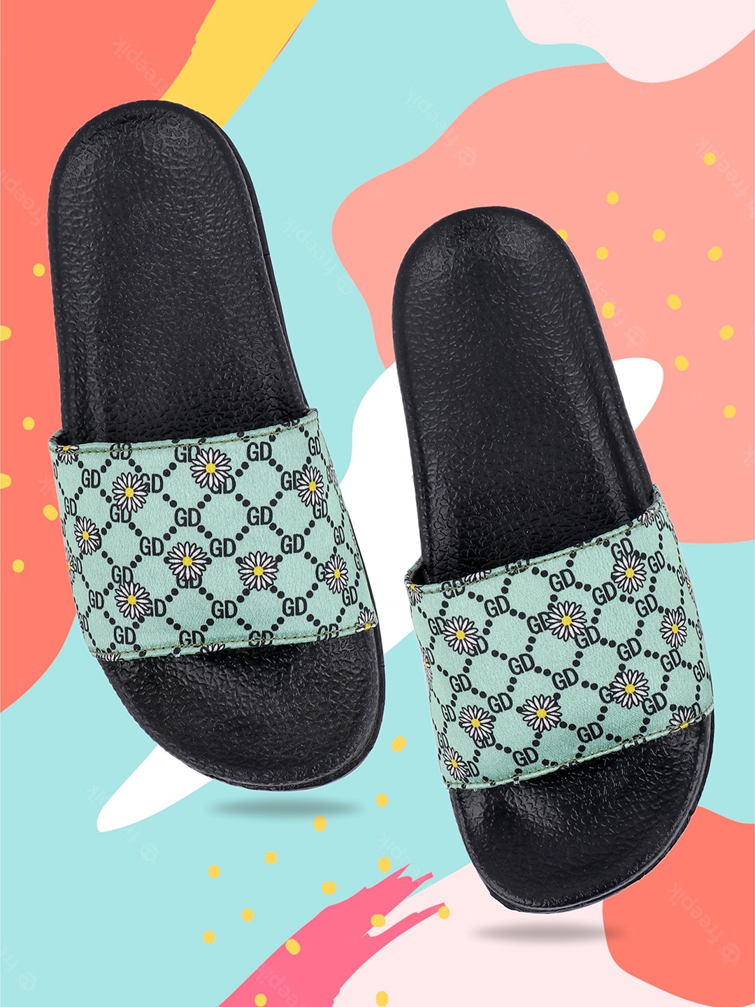 

FREECO Women Sea Green & Black Printed Sliders