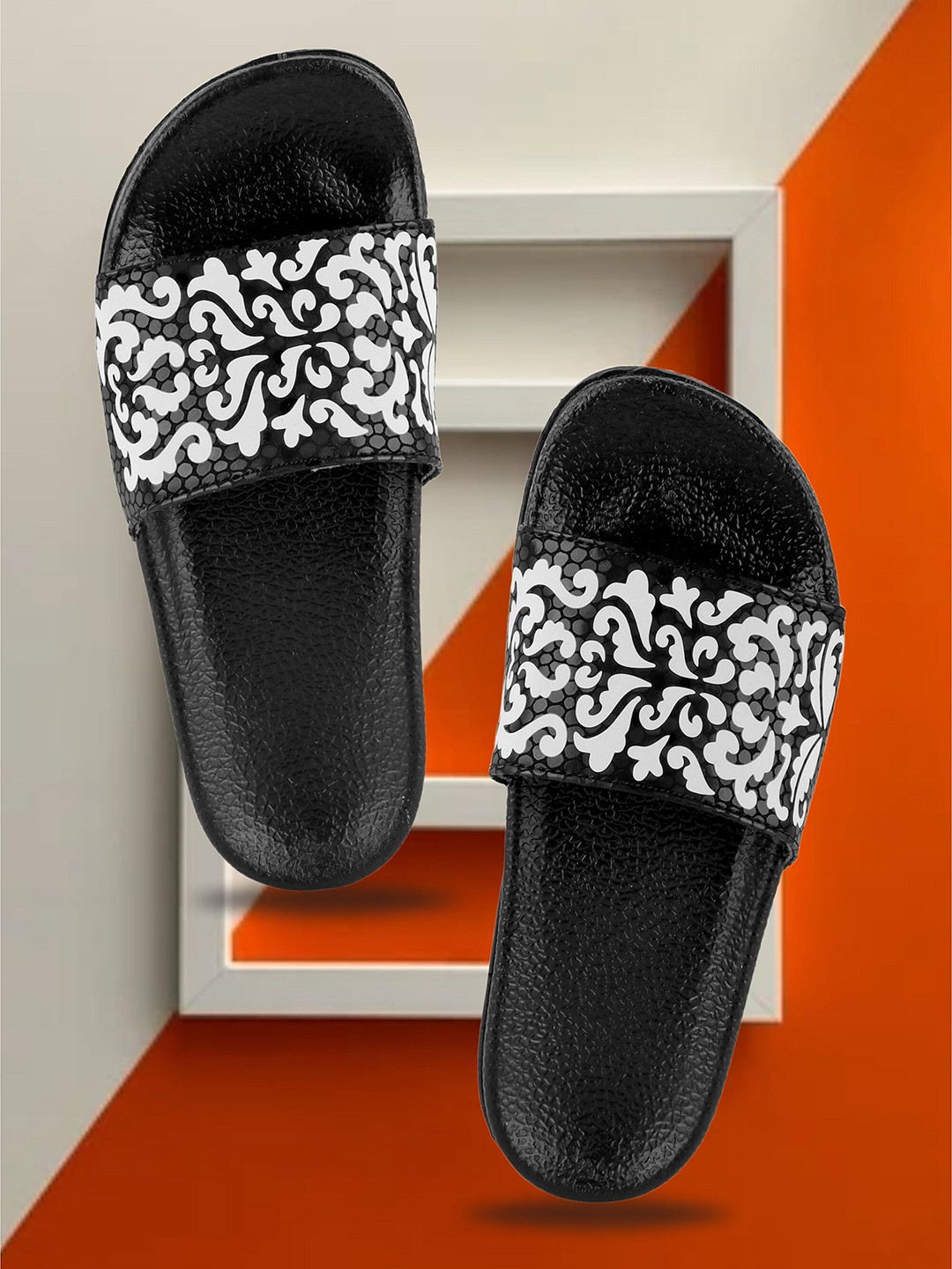 

FREECO Women Black & White Floral Printed Sliders
