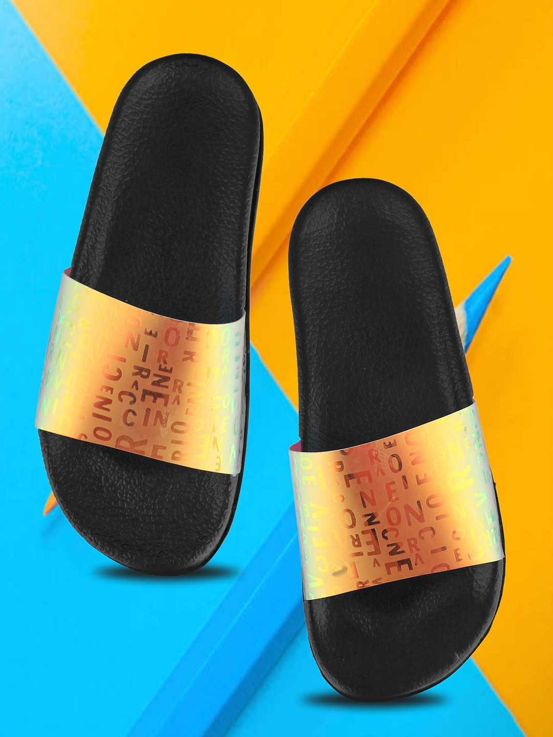 

FREECO Women Black & Yellow Printed Sliders
