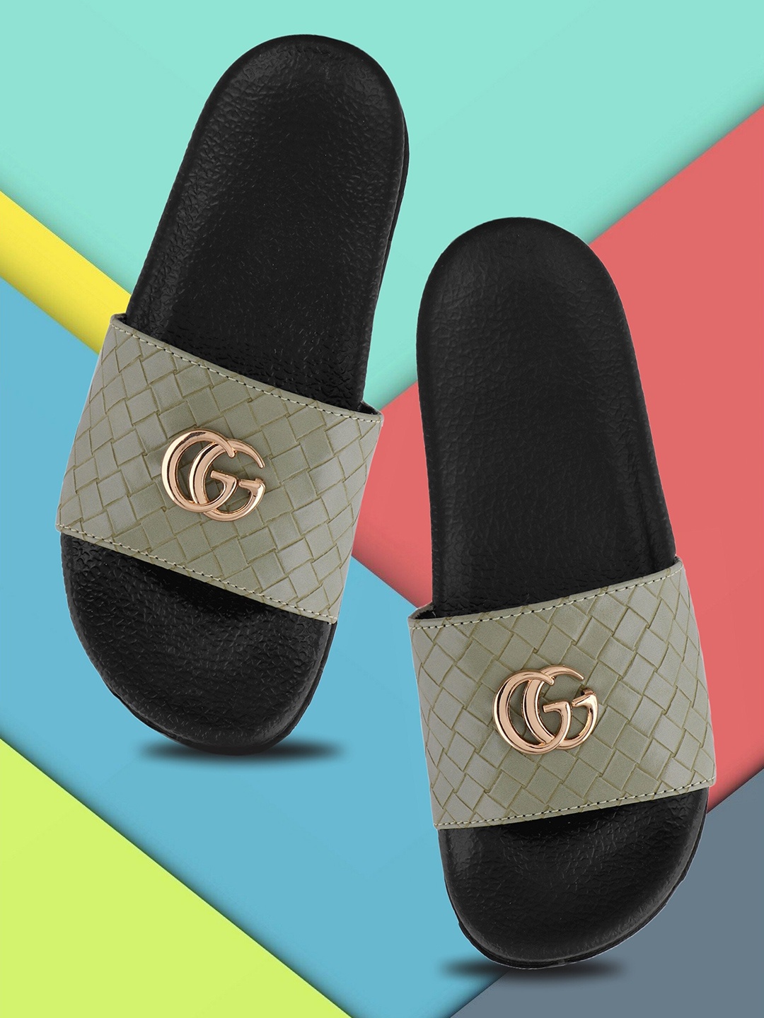 

FREECO Women Black & Gold-Toned Self Design Sliders