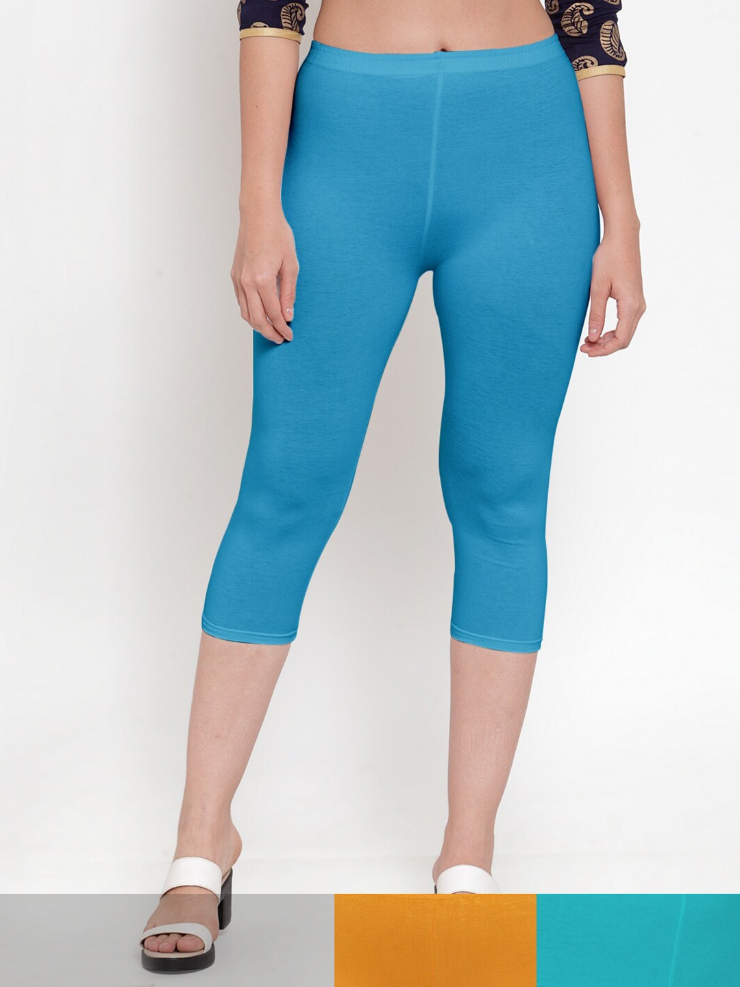 

GRACIT Women Pack Of 3 Turquoise Blue & Orange Cotton Capris