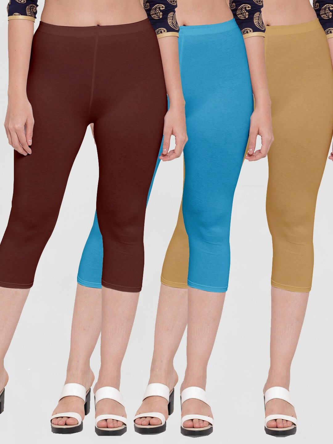 

GRACIT Women Brown & Blue Pack Of 3 Capris