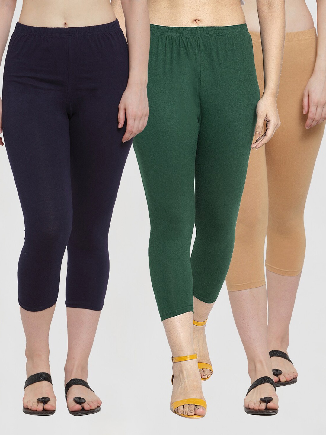 

GRACIT Women Beige & Green Pack Of 3 Capris