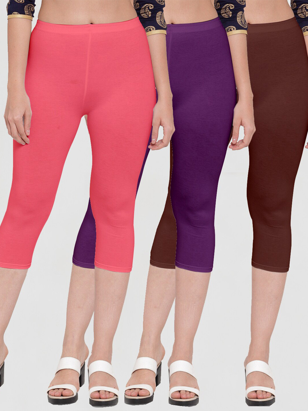 

GRACIT Women Pack Of 3 Pink & Purple Cotton Capris