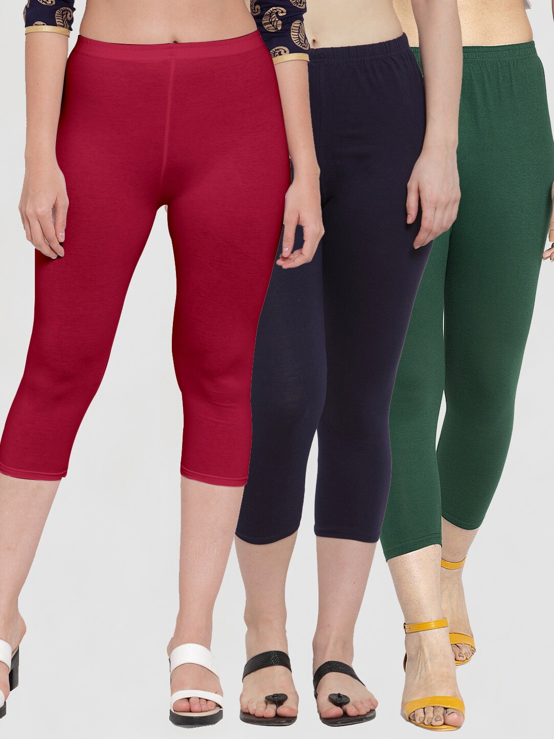 

GRACIT Women Green & Maroon Pack Of 3 Capris