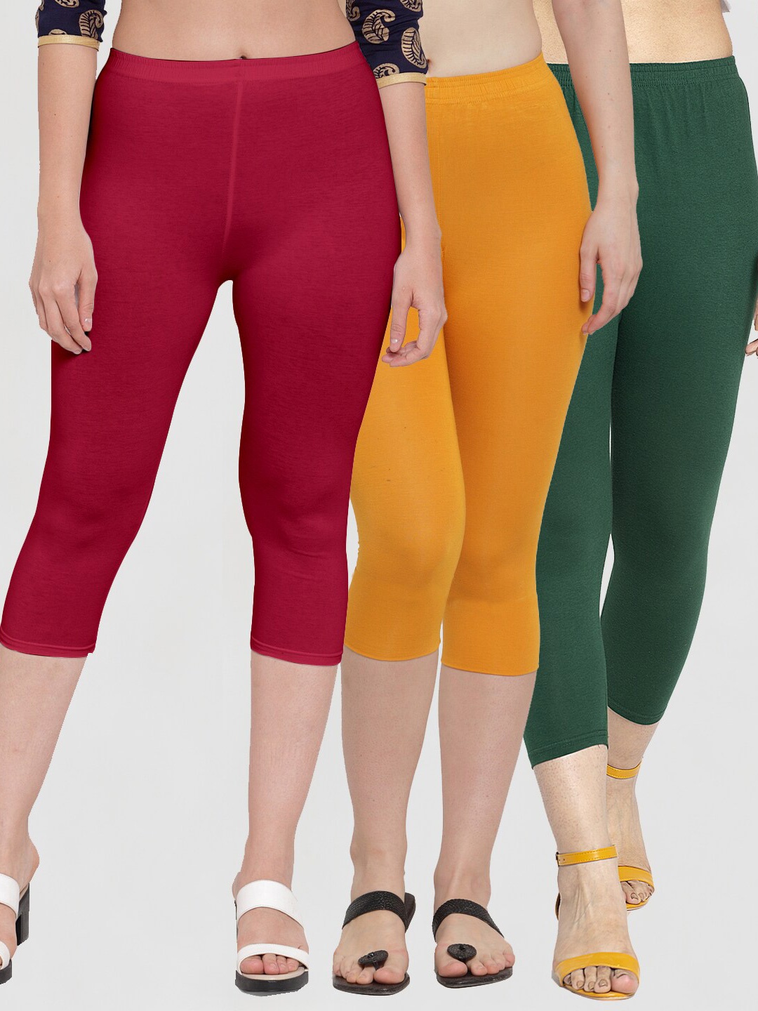 

GRACIT Women Pack Of 3 Green & Maroon Cotton Capris