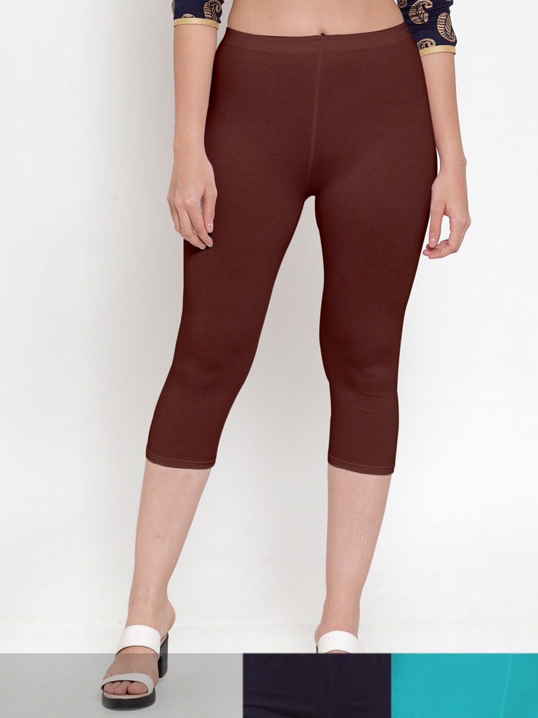 

GRACIT Women Navy Blue & Brown Pack Of 3 Capris
