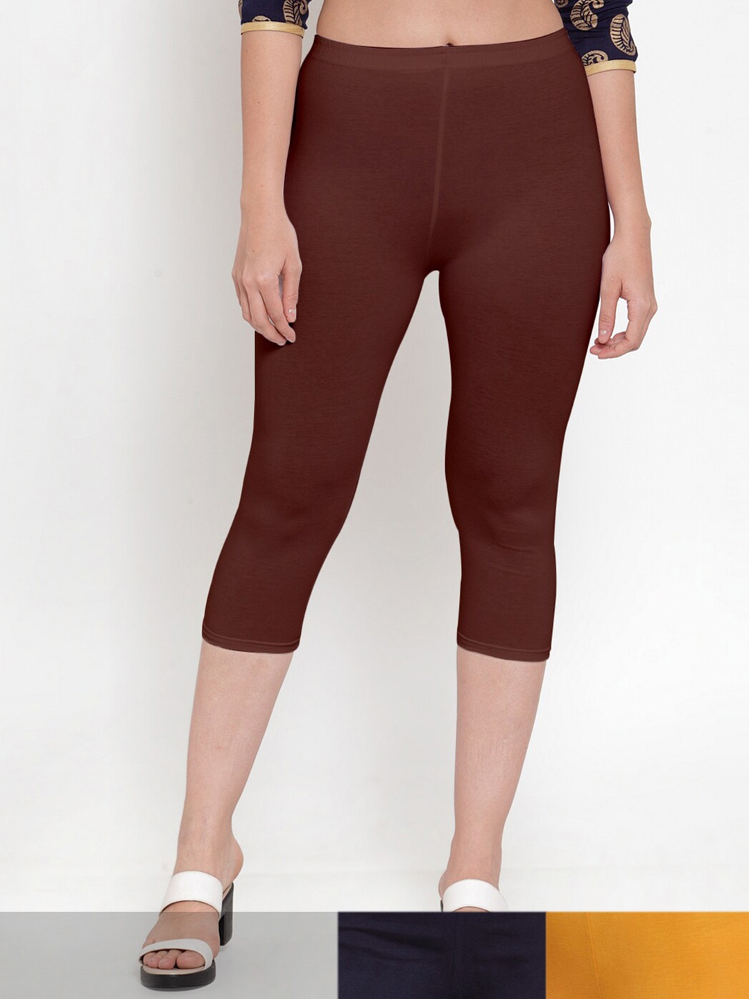 

GRACIT Women Pack Of 3 Navy Blue & Brown Cotton Capris