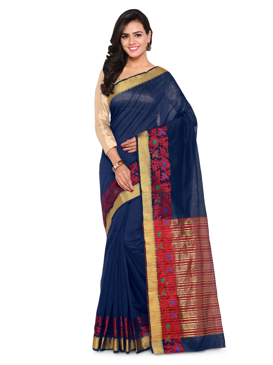 

Kalista Navy Blue Solid Polycotton Saree