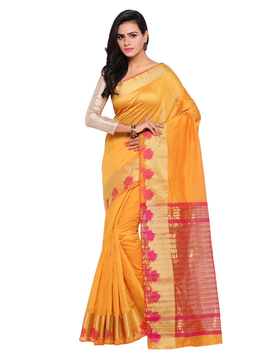 

Kalista Yellow Solid Polycotton Saree