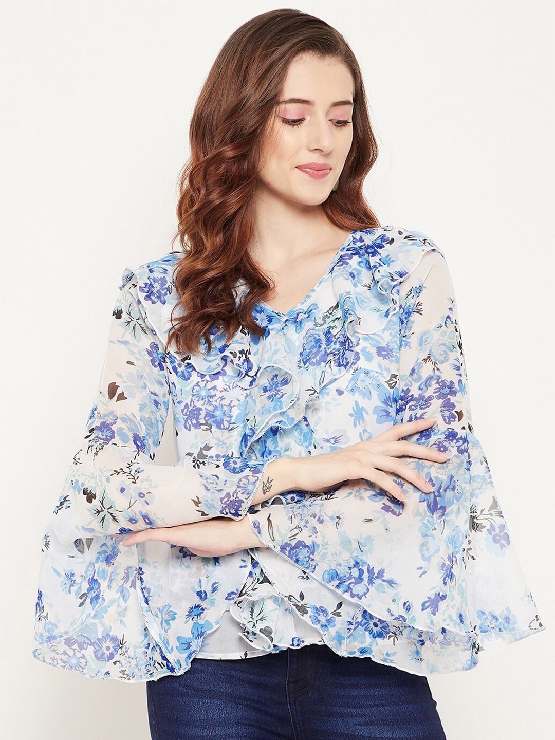 Bitterlime Women White & Blue Floral Print Georgette Top