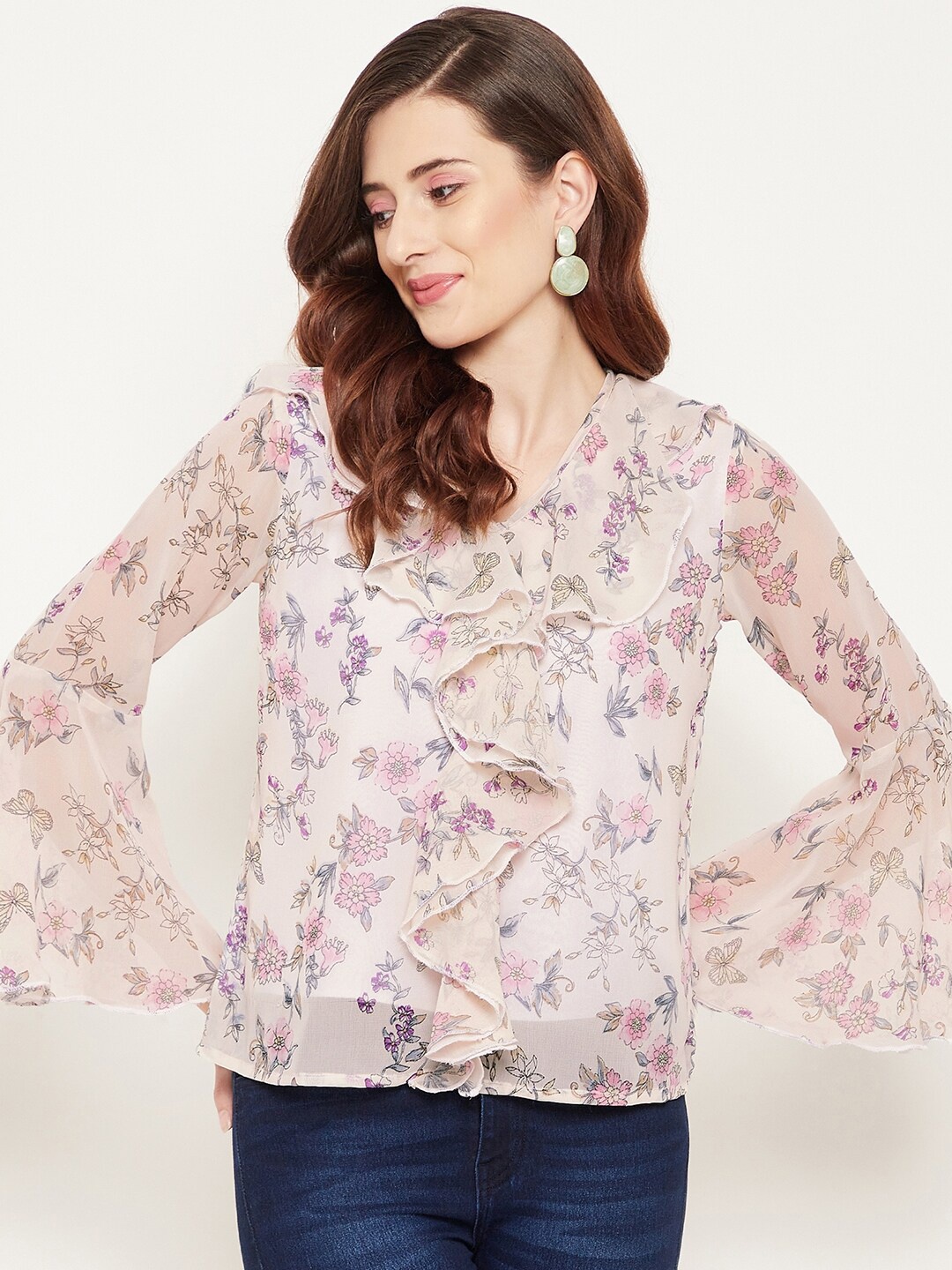 Bitterlime Women Off White & Pink Floral Print Georgette Top