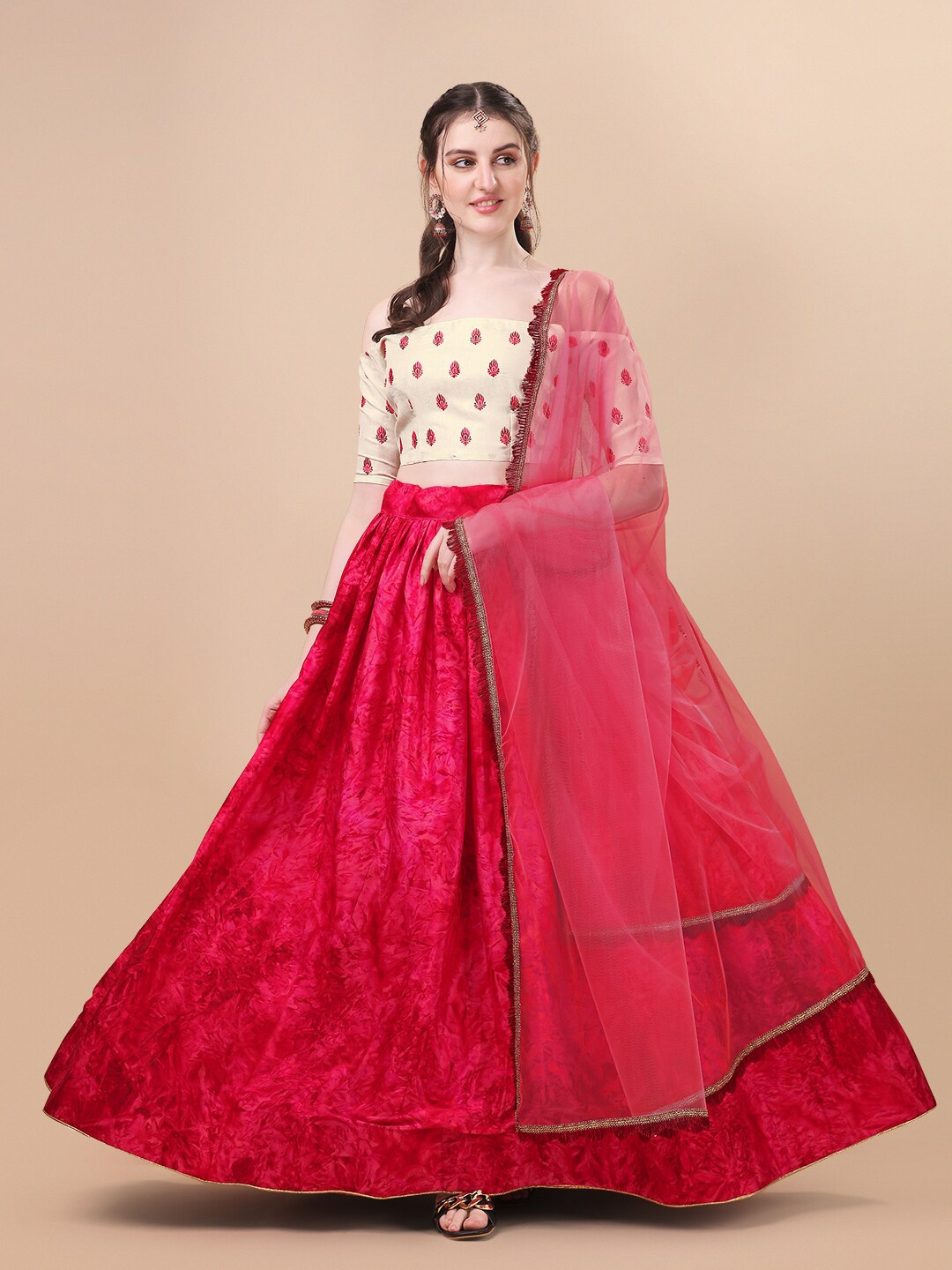 

Fab Viva Pink & Beige Embroidered Semi-Stitched Lehenga & Unstitched Blouse With Dupatta