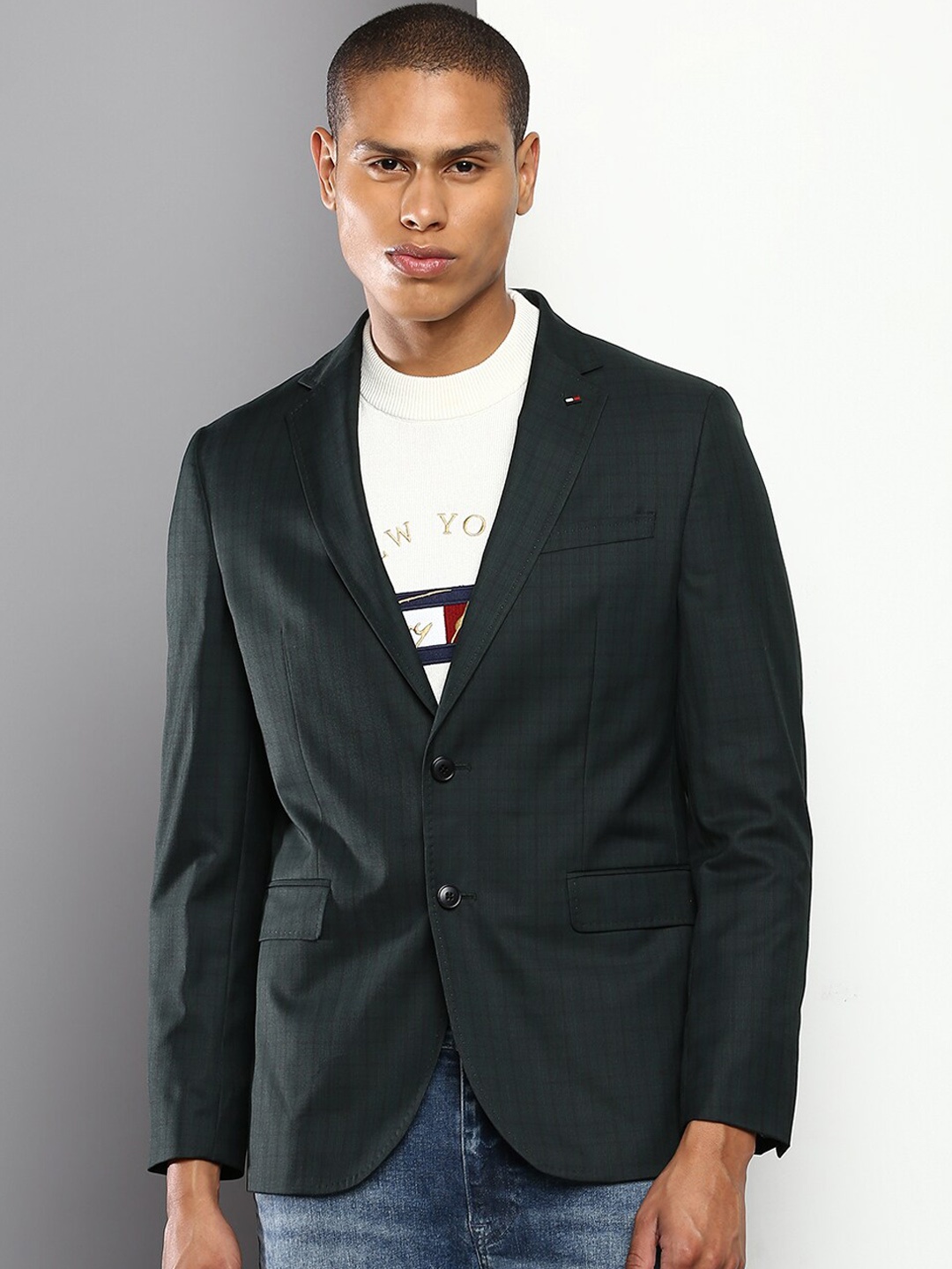 

Tommy Hilfiger Men Olive Checked Notched Lapel Collar Blazers