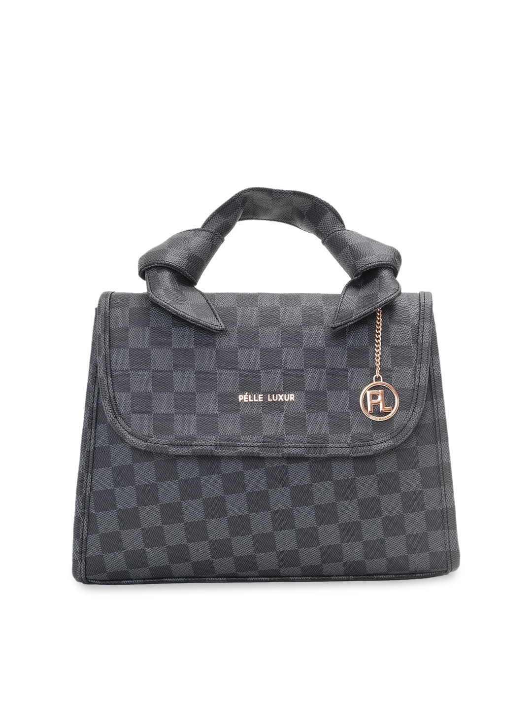 

PELLE LUXUR Grey Checked Printed Leather Structured Handheld Bag