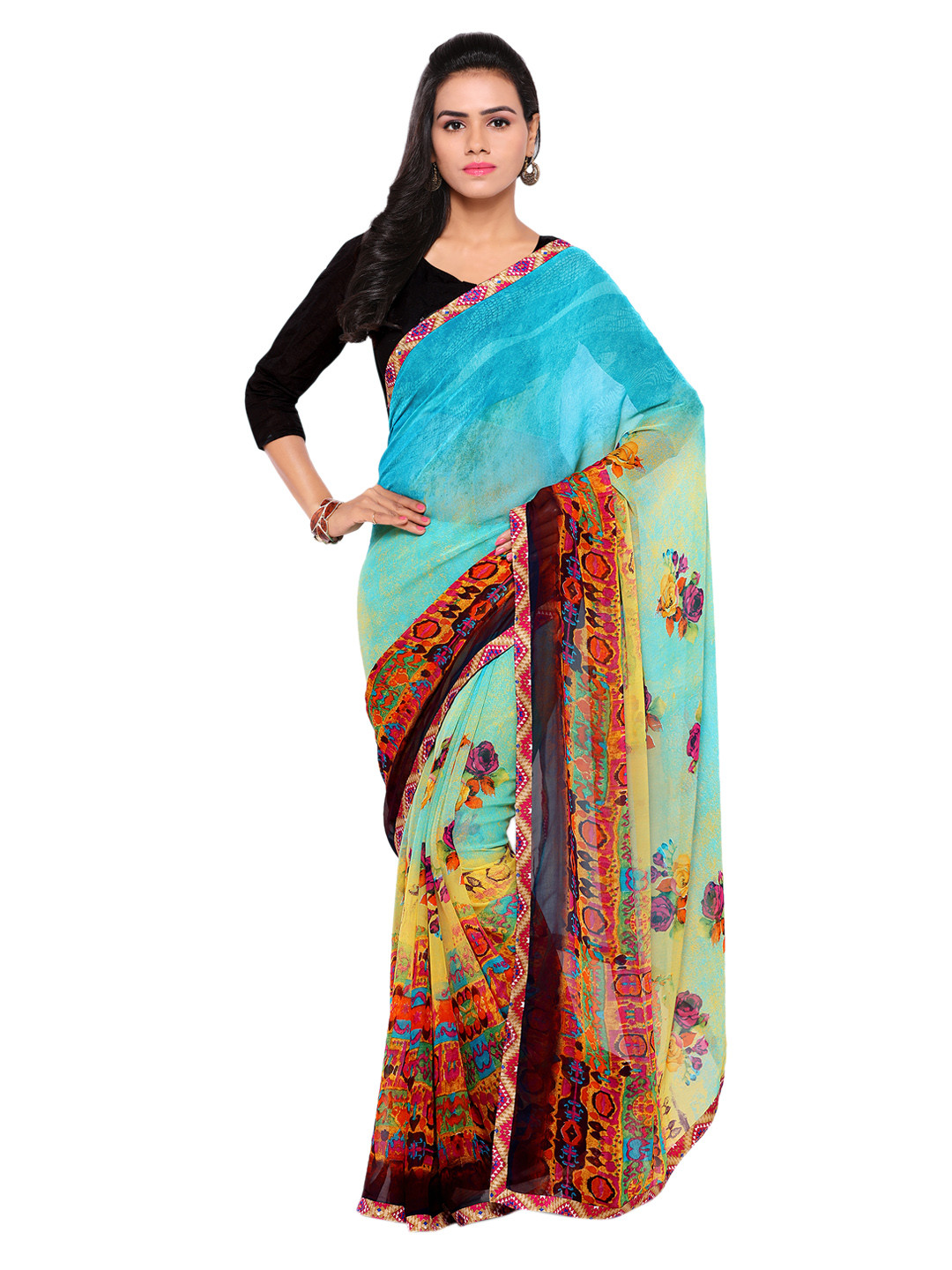 

Kalista Blue Printed Poly Georgette Saree