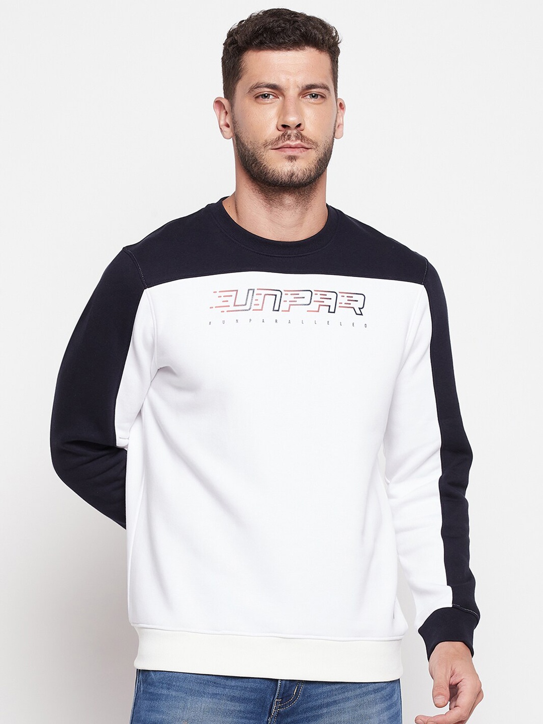 

UNPAR Men White Colourblocked Sweatshirt