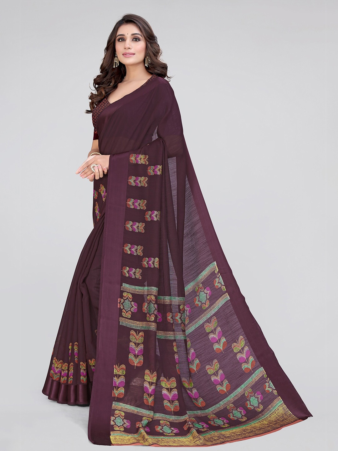 

MIRCHI FASHION Magenta & Green Floral Block Print Saree