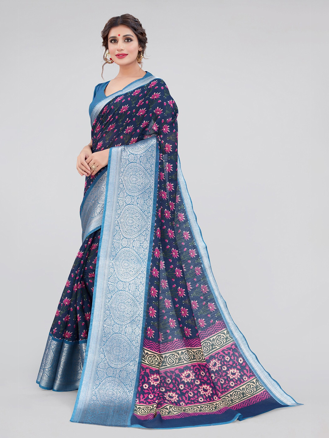 

MIRCHI FASHION Navy Blue & Pink Floral Zari Saree