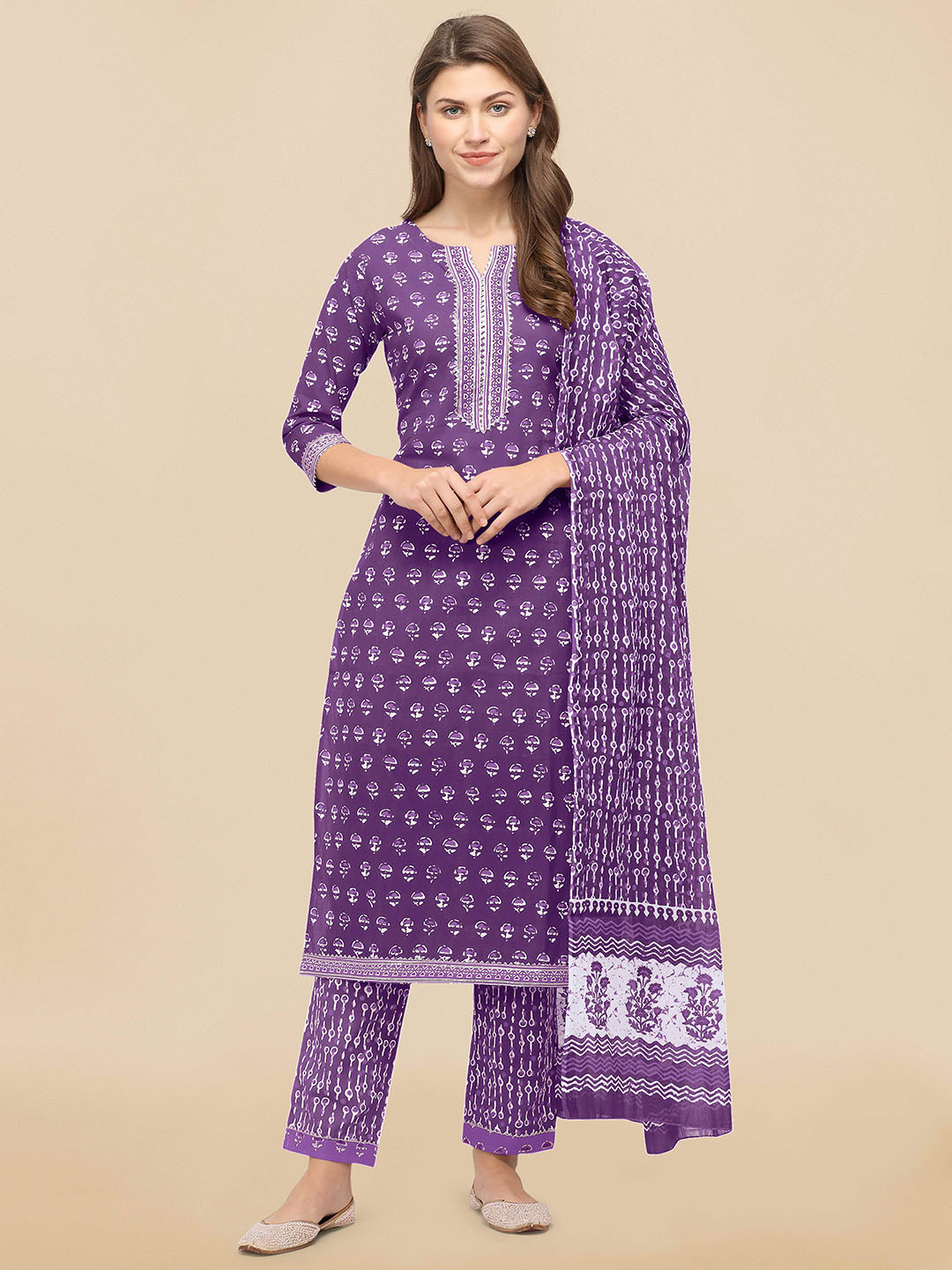 

KALINI Women Purple Ethnic Motifs Printed Gotta Patti Pure Cotton Kurta with Trousers & With Dupatta